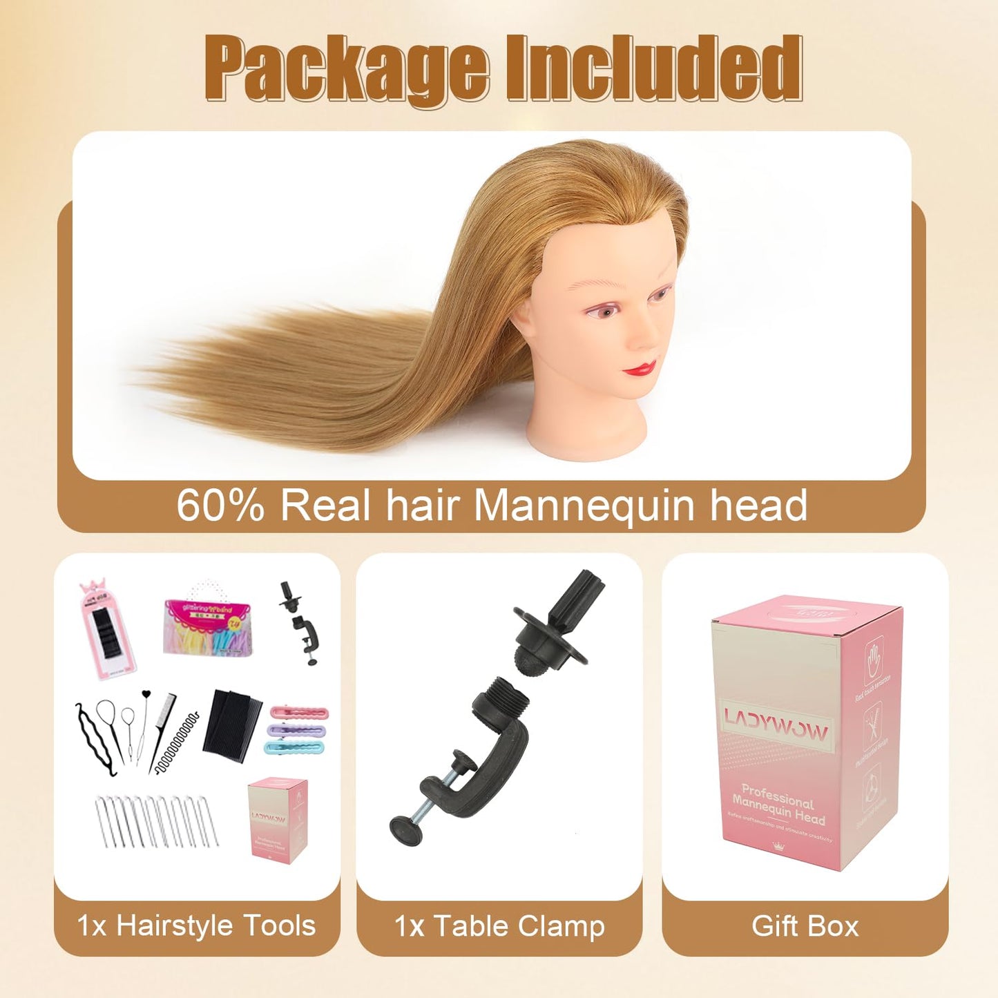 Mannequin Head - 80% Human Hair for Hair Styling Practice | Curling, Braiding, Cutting - 28 Inch with Table Clamp Stand
