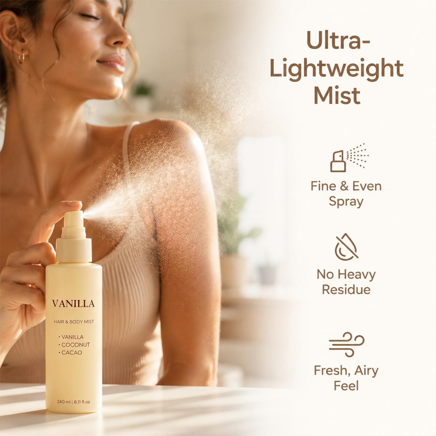 launary Vanilla on the Beach Hair and Body Mist, Warm Vanilla Coconut Fragrance Spray, Long-Lasting Tropical Hair Perfume Spray for Hair & Skin, Natural Vanillas & Beach Scent