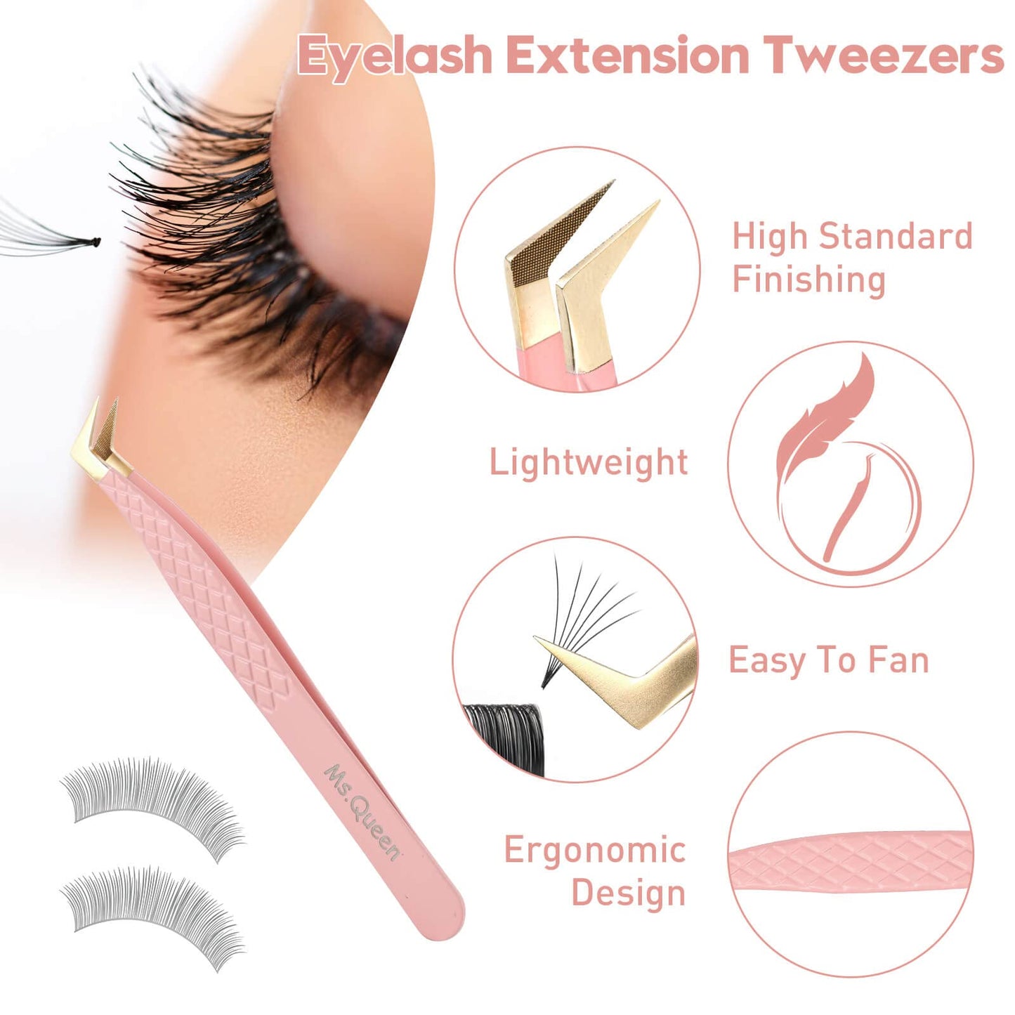 Ms.Queen Fiber Tip Lash Tweezers,Diamond Grip L-Shape Volume Boot Tweezers for Mega Volume Mink Lashes Make Fans