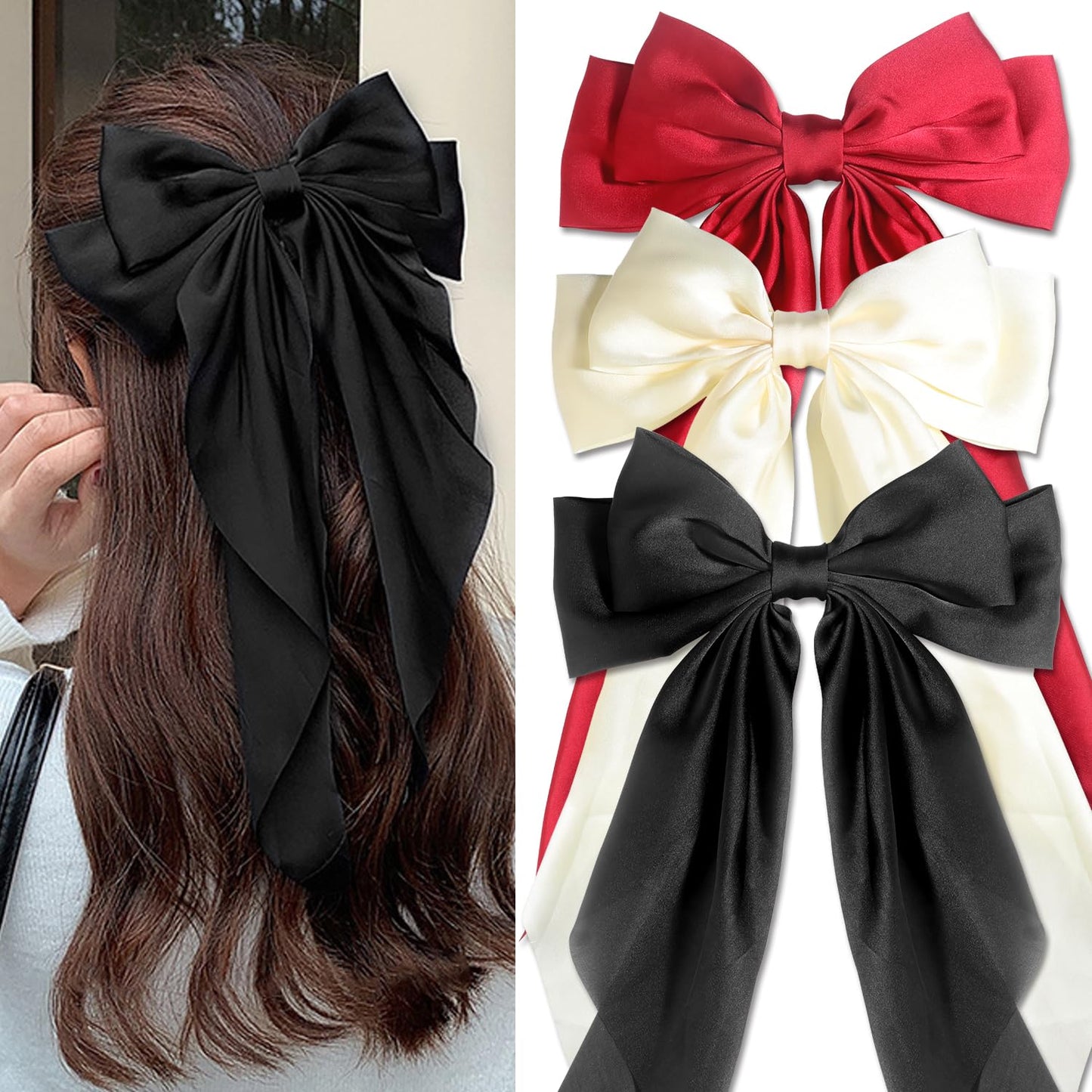3 PCS Hair Bows for Women - Elegant Black Satin Clips for Chic Ponytails | Stylish Big Ribbons