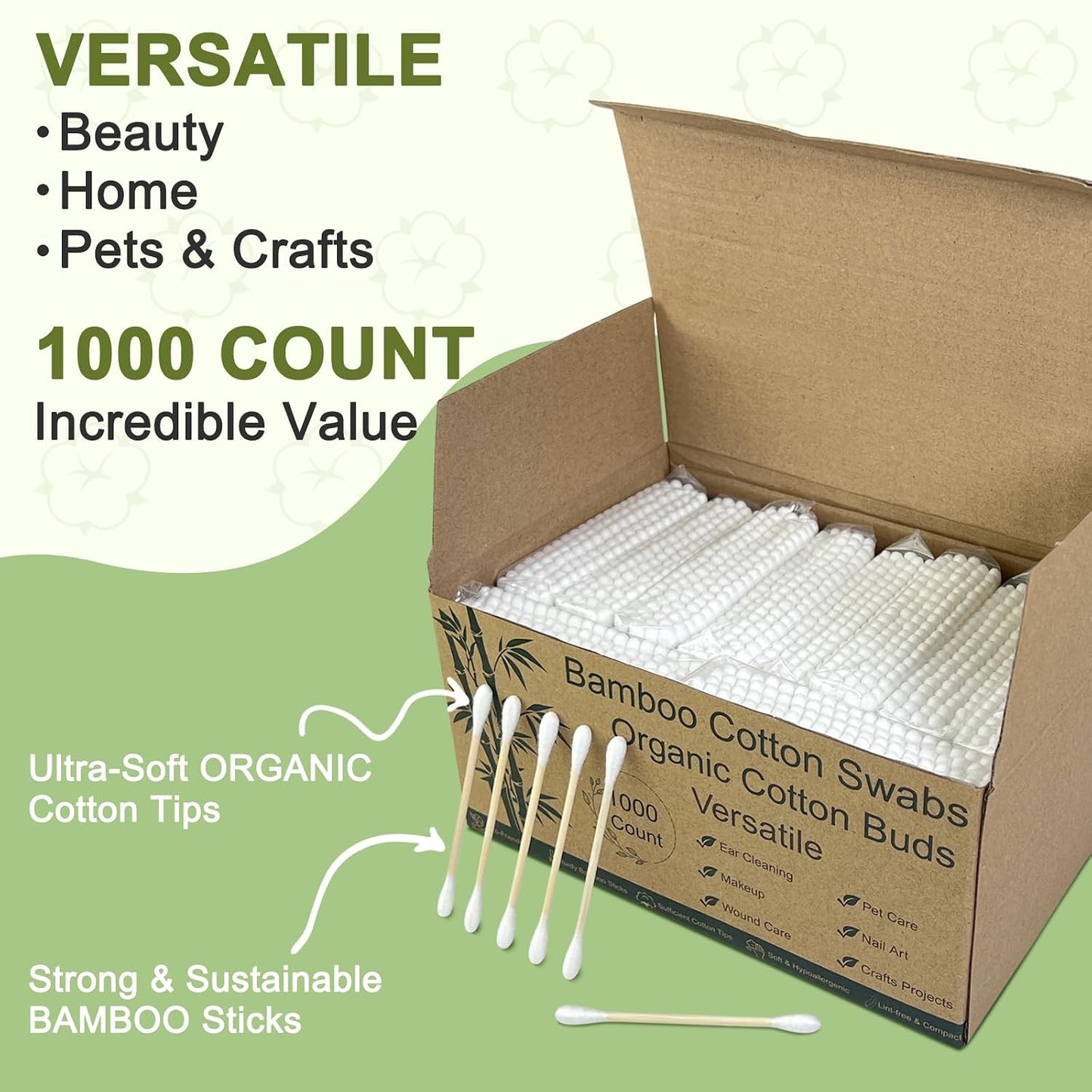 Bamboo Cotton Swabs - Biodegradable Double-Tipped Applicators for Makeup & Personal Care | 1000 Count, Gentle & Absorbent