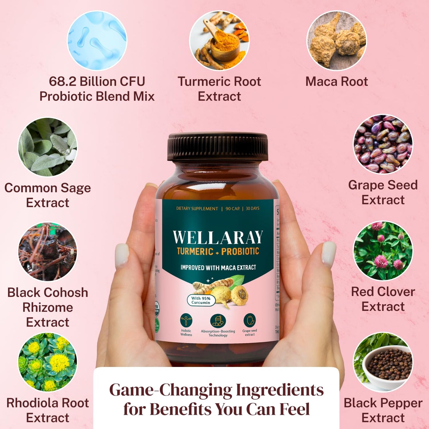 Wellaray Menopause Relief - Probiotics for Women, 68.2 Billion CFU, Turmeric, Maca & Black Cohosh - Supports Gut Health, Hormone Balance, Weight Management, Joint Health, Hot Flash Support,90 Capsules