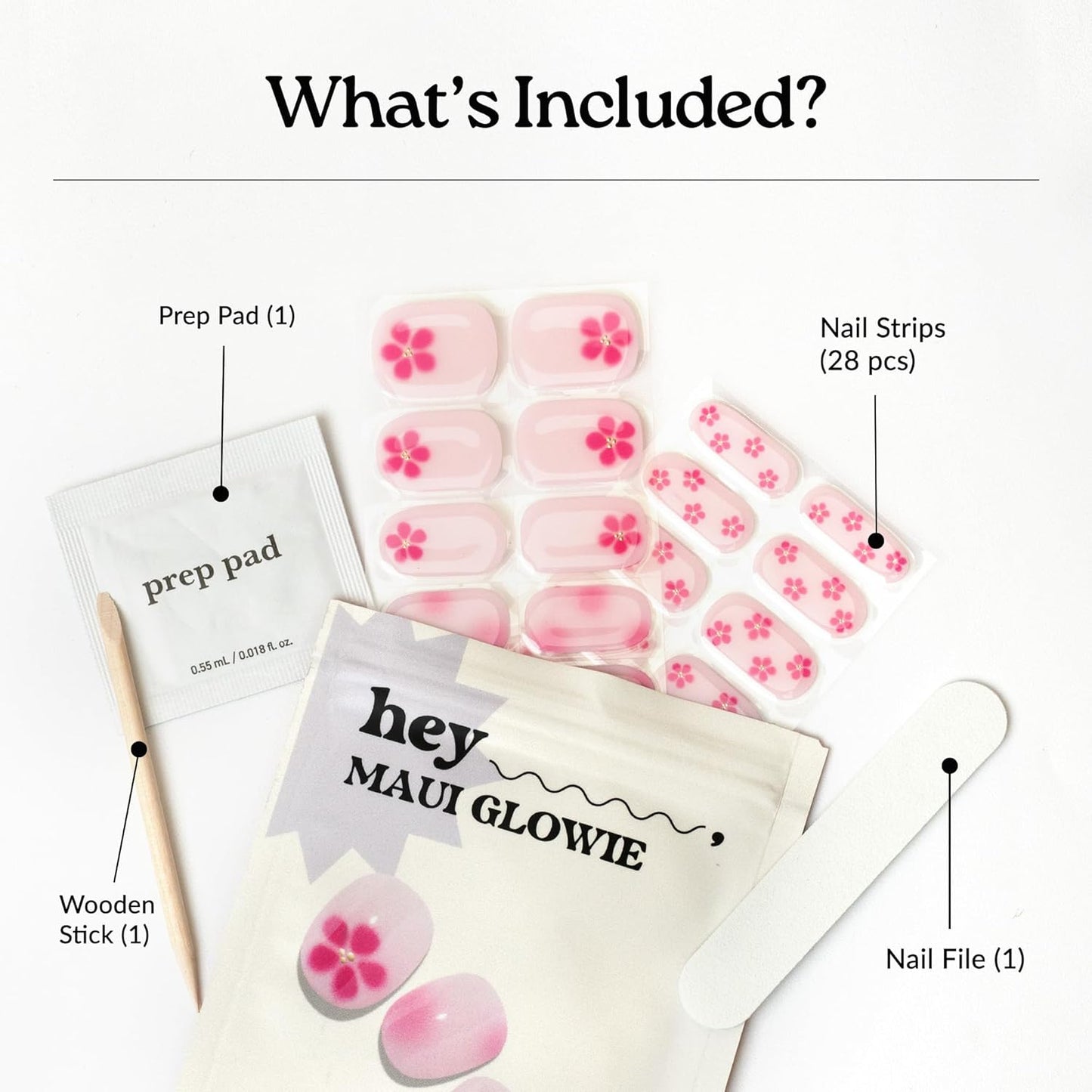 Heyhae Semi Cured Gel Nail Strips - Pink Floral Design, Easy Application | 28 Strips, Prep Pads & Nail File Included