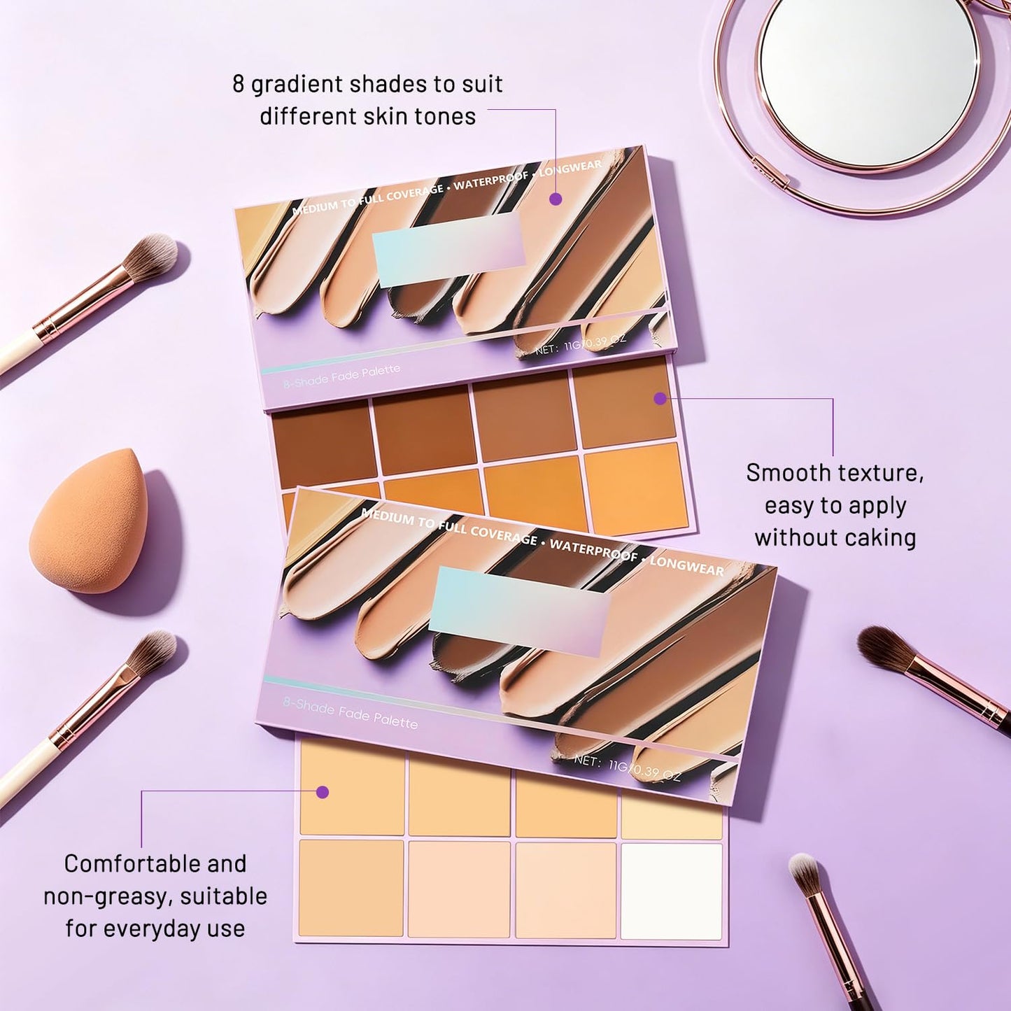 Soft Matte Cream Concealer 8 Shade Fade Palette, Soft Matte Cream Foundation, Cover with Applicator, Concealer for Dark Circles, Blemishes & Contouring, Waterproof & Long Lasting (Dark)