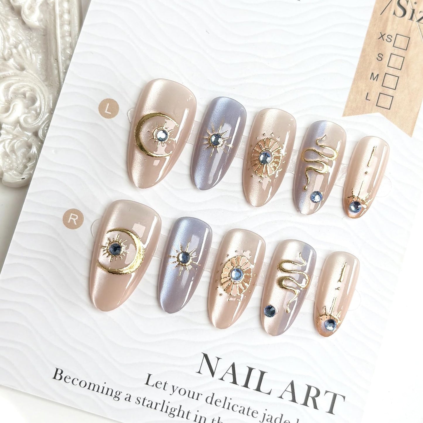 Gold Star Press-On Nails - 30 Pcs Medium Almond Acrylic with 3D Blue Rhinestones | Bohemian Style