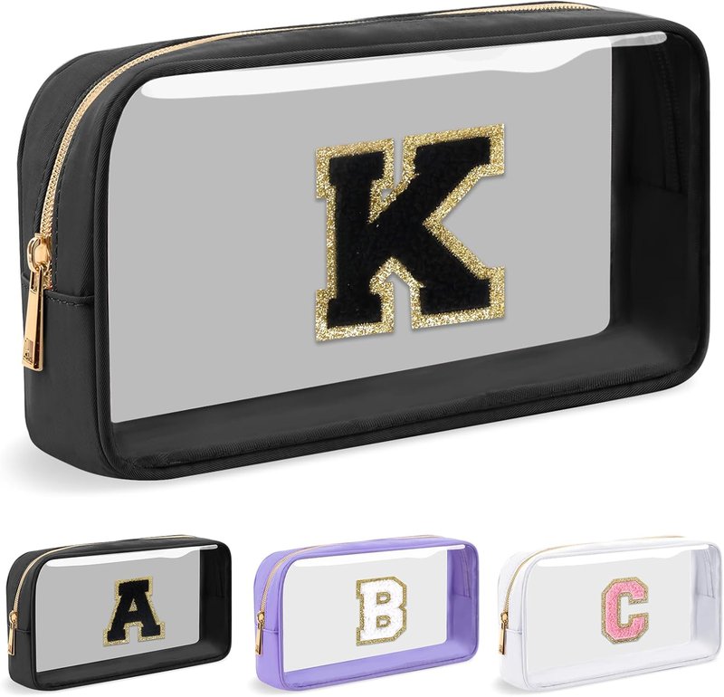Personalized Initial Letter Clear Makeup Bag - Preppy Nylon & PVC Cosmetic Zipper Bag | Travel Toiletry Organizer for Teens & Women, Monogrammed Gift