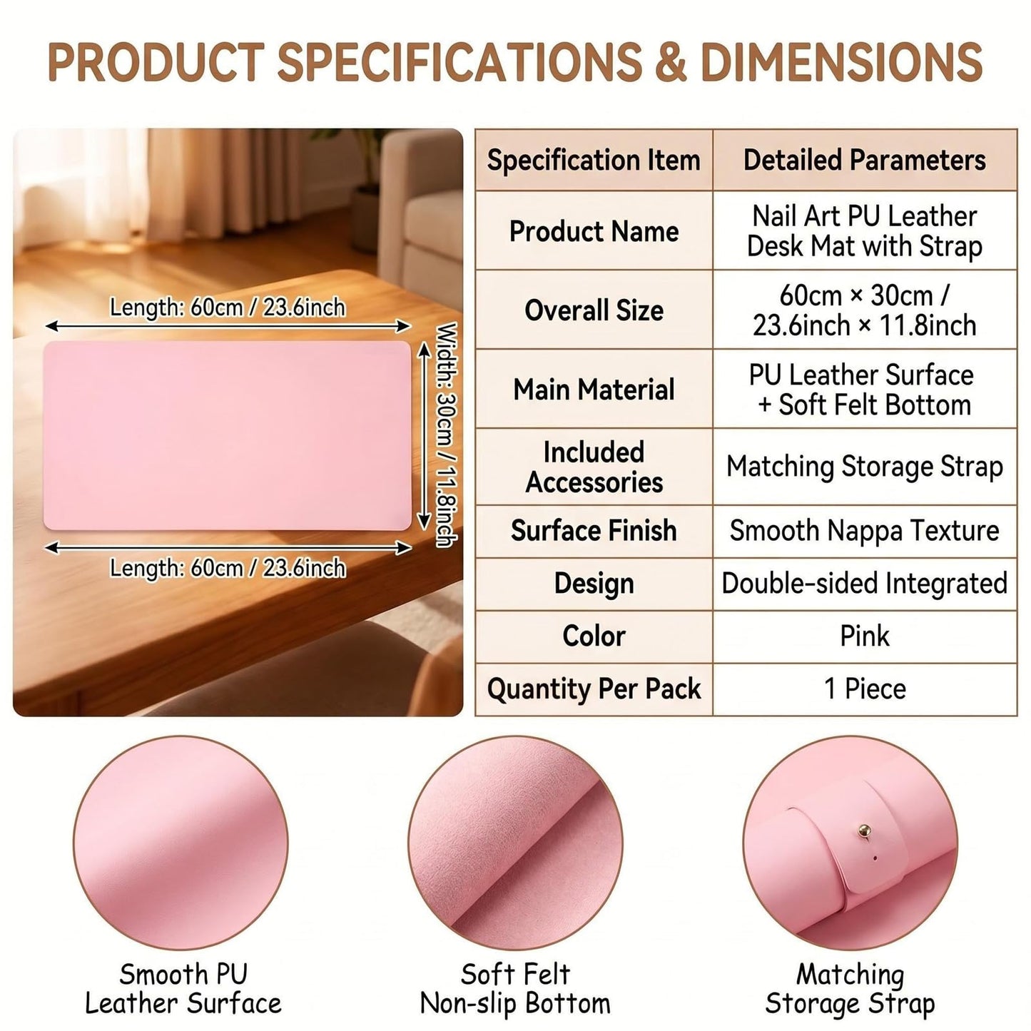 VANTOBEST 23.6 x 11.8 inches Foldable Nail Art Table Mat, Waterproof Non-Slip PU Leather Nail Desk Pad, Reusable Manicure Mat for Nail Tech Salon Home Acrylic Nails (Pink)