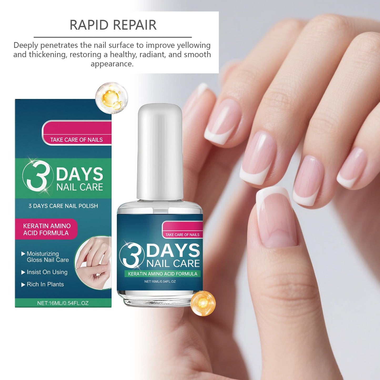 3 Days Nail Care - Keratin Amino Acid Conditioner for Weak, Fragile Nails | Quick-Dry Hydrating Treatment