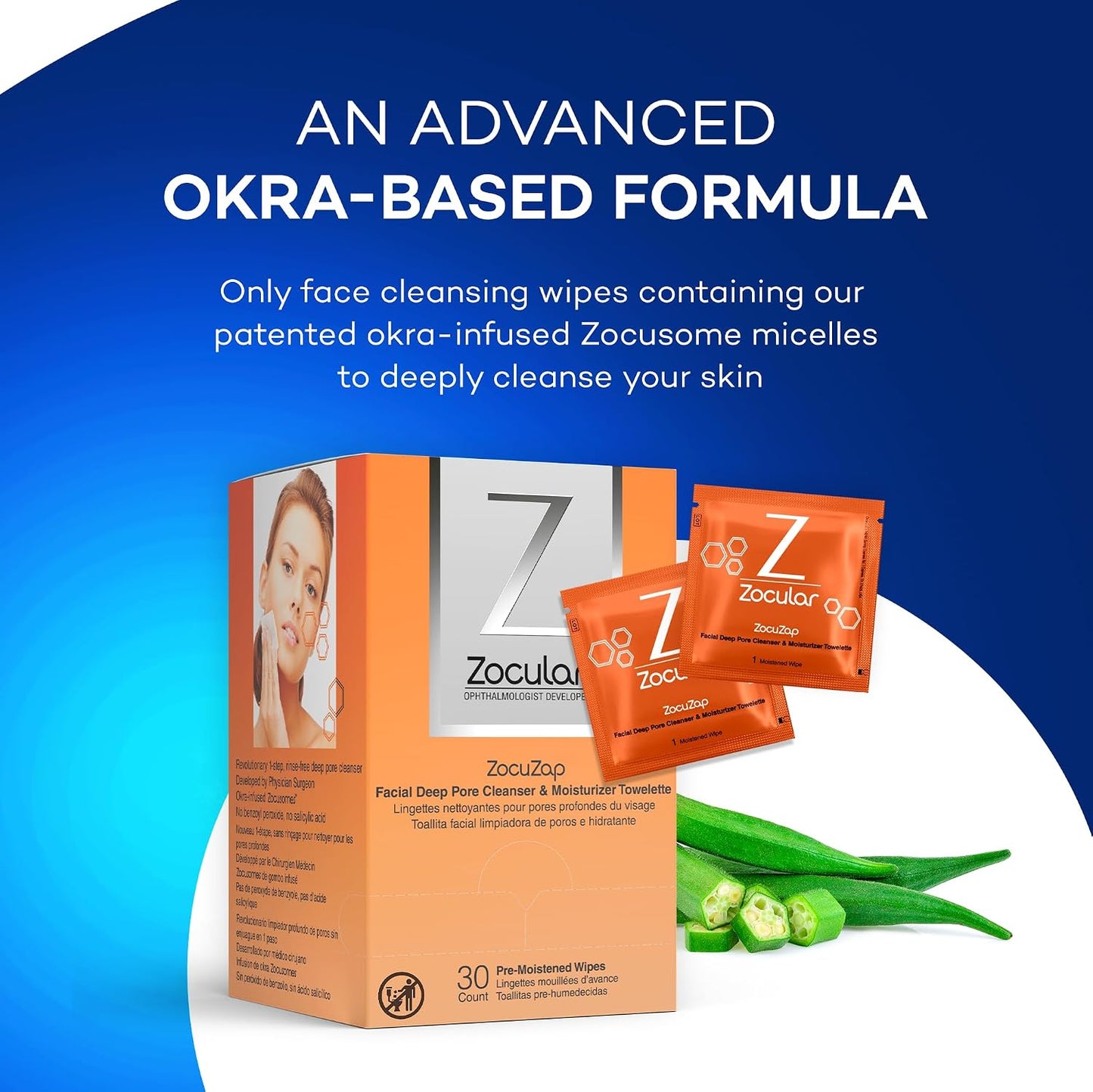 Zocular Face Wipes - Moisturizing Makeup Removal & Gentle Exfoliation with Natural Okra Complex | 30 Count