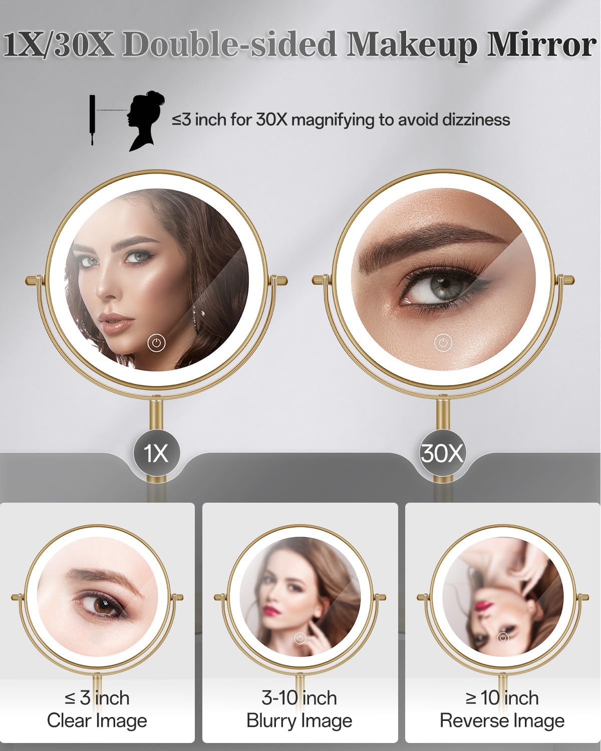 Lighted Makeup Mirror with Adjustable Height - 1X/30X Magnifying Double-Sided Vanity Mirror | 3000mAh Rechargeable, 3 LED Lighting Options for Women