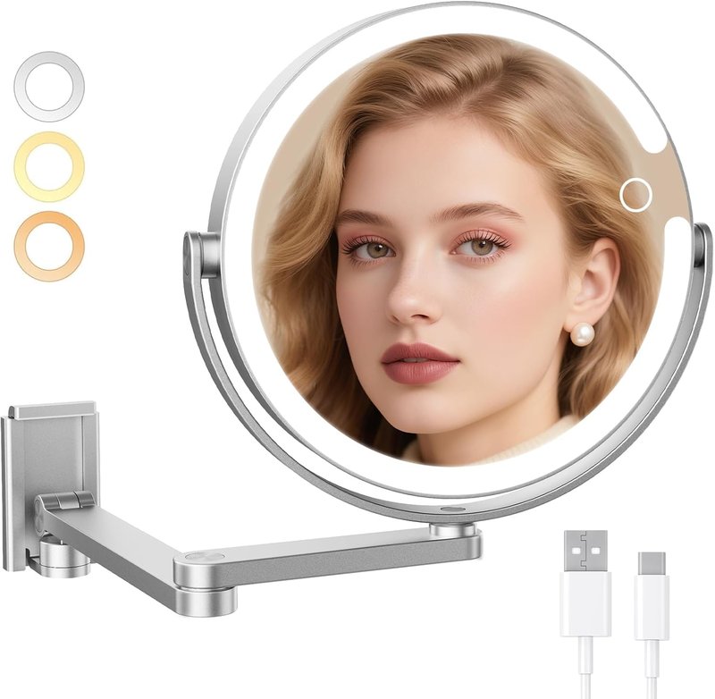 Wall Mounted Makeup Mirror with Lights - 8-Inch 20X/1X Magnification, Rechargeable LED, 360° Swivel & Extendable Arm