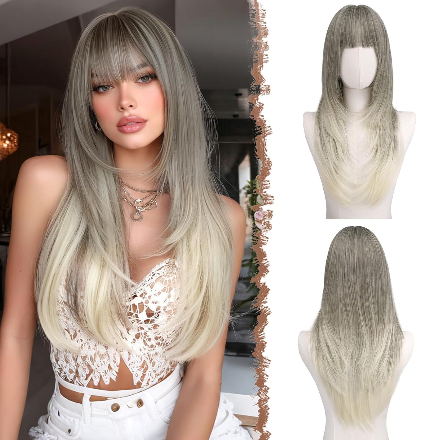 Straight Layered Wigs with Bangs for Women - Natural Synthetic 24-Inch Long Hair Wig for Daily Wear | Party Style