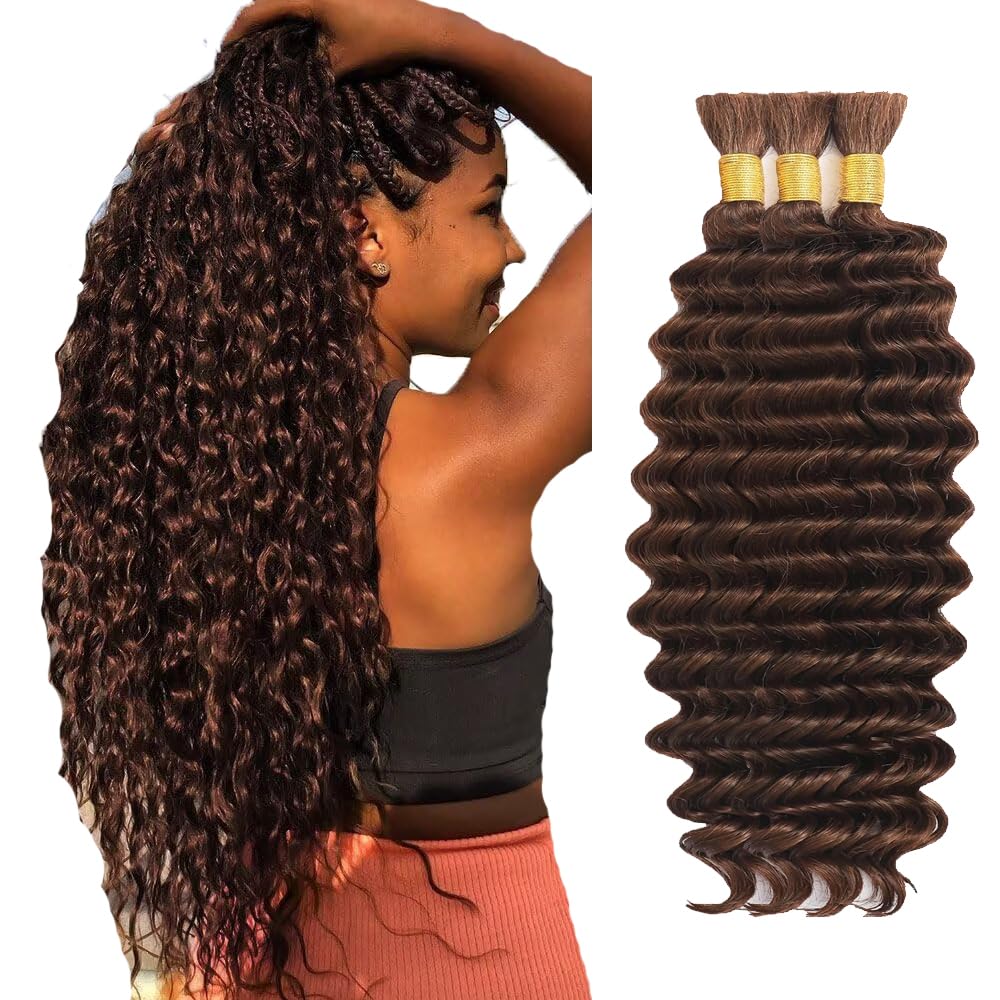 #4 Human Braidng Hair For Boho Braids Chocolate Brown Crochet Human Hair Braiding Deep Wave Braids 3 Bundles/Pack Chocolate Brown Color 150g 12 12 12 Inch