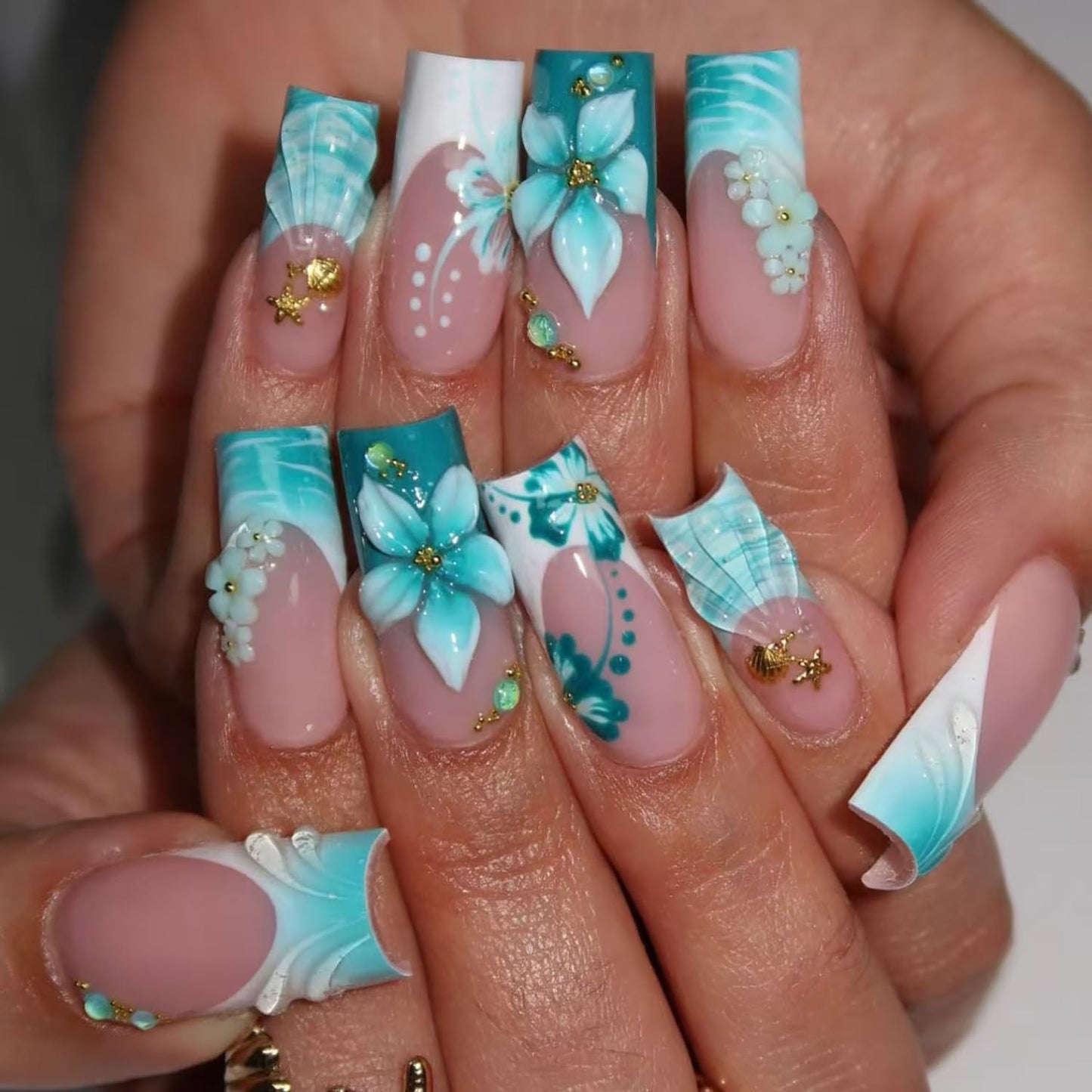 Colorful Summer Press-On Nails - Medium Almond Peach Blossom Design with Bow & Rhinestones | 24 Pcs Full Cover Acrylic Manicure
