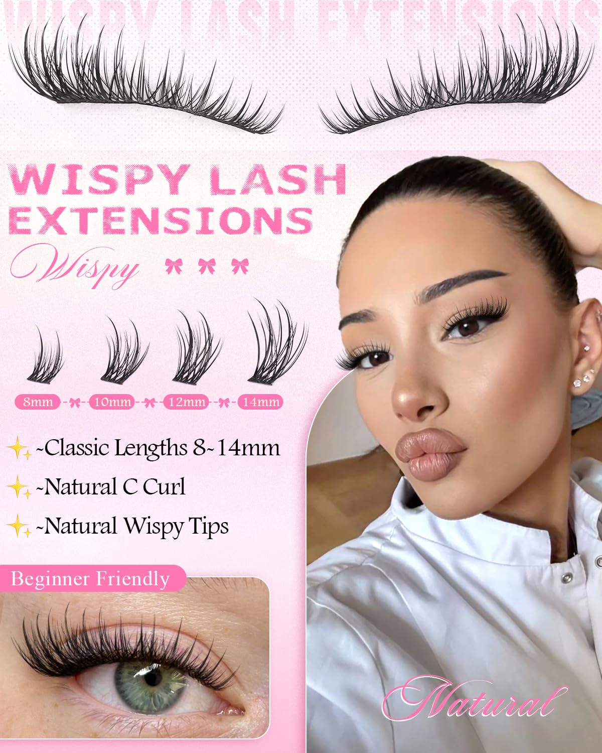 Wtvane Wispy Lash Clusters Natural Eyelash Clusters Lashes Extensions 8-14mm Short Lashes Clusers CC Curl Individual Lashes Thin Band False Eyelashes for Natural Look Clean Beauty