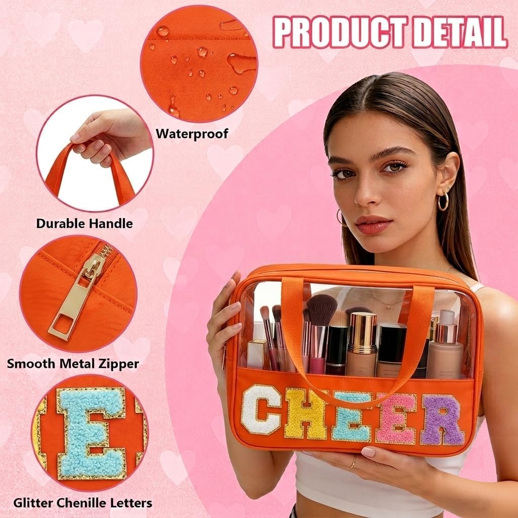 Cheer Makeup Bag - Waterproof Nylon Cosmetic Organizer with Handle | Chenille Letter Patch, Perfect Cheerleader Gift