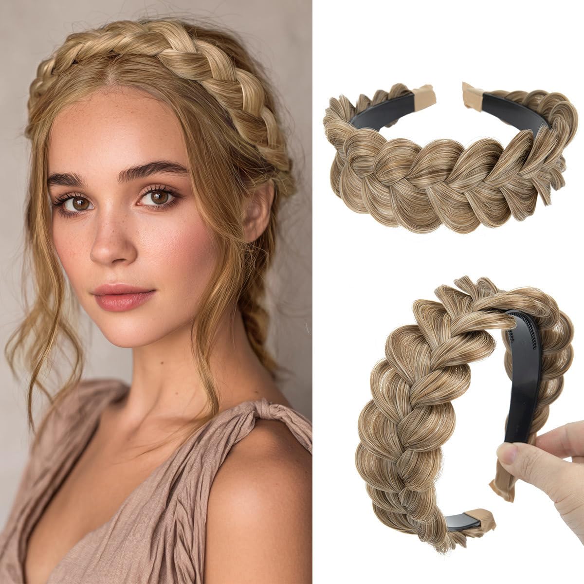 Braided Headbands for Women - Handmade Synthetic Hair Hoops with Teeth | Sand Color, 1PC