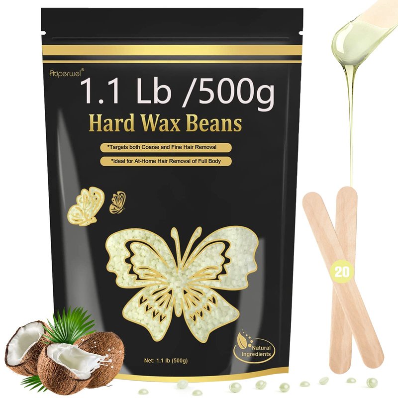 Hard Wax Beads for Hair Removal - 1.1lb/17.05oz Waxing Beads for Coarse Hair, Sensitive Skin, Brazilian Bikini,Underarms,Face,Body - Wax Beans Bulk with 20 Sticks (Coconut)