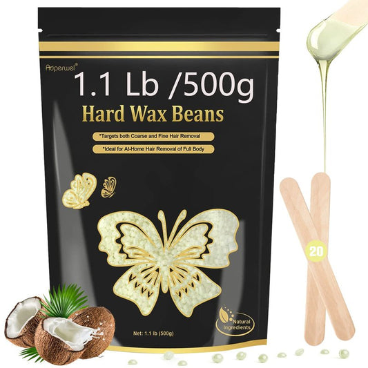 Hard Wax Beads for Hair Removal - 1.1lb/17.05oz Waxing Beads for Coarse Hair, Sensitive Skin, Brazilian Bikini,Underarms,Face,Body - Wax Beans Bulk with 20 Sticks (Coconut)