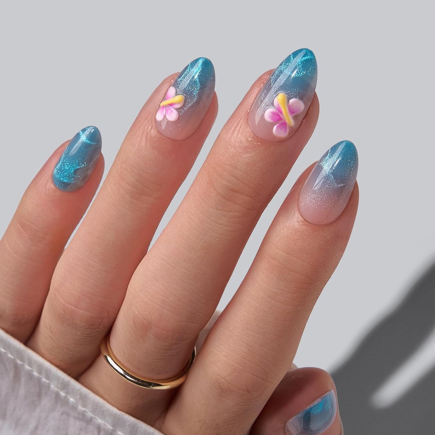 French Tip Press On Nails - Isle Plumeria | Easy-Apply Flower Short Square Design, 32 Nails in 16 Sizes