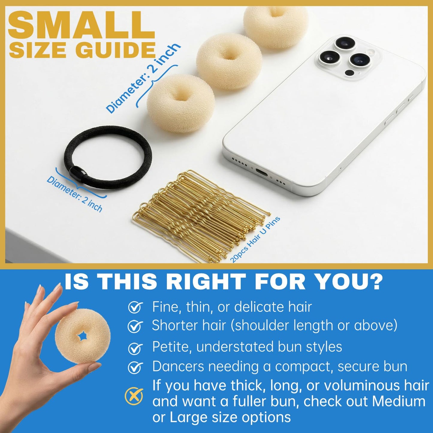 Small Hair Donut Bun Maker Set - 6 Pcs Firm Hold Chignon Ring for Thin Hair | Includes 5 Hair Ties & 20 U Pins - Beige