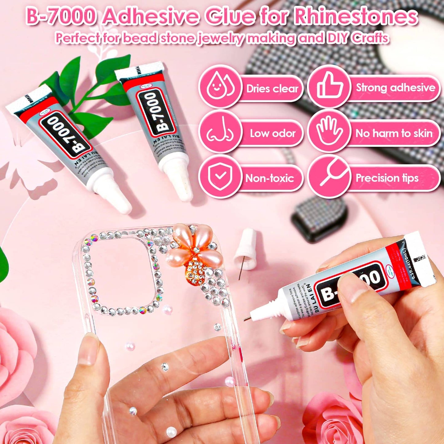 Audab B7000 Jewelry Adhesive Glue with Glass Rhinestones for Crafts, 2100Pcs Flat Back Gems Crystal Not Resin Rhinestones with Tweezer Clear Glue for DIY Clothes Fabric Shoes Jewelry Making Nail Art