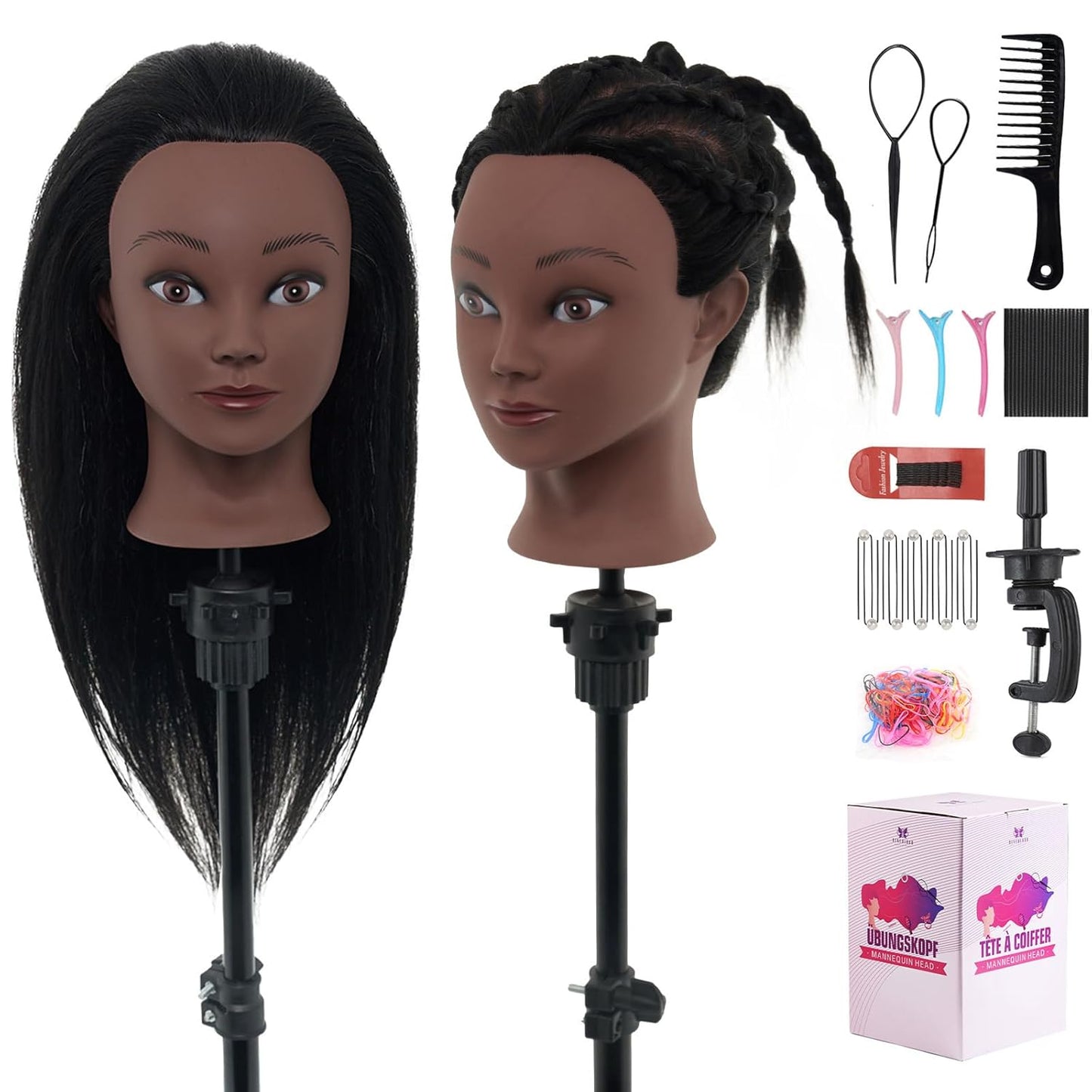 Real Hair Mannequin Head - 18" Human Hair Cosmetology Training Doll for Styling, Dying & Braiding | Black