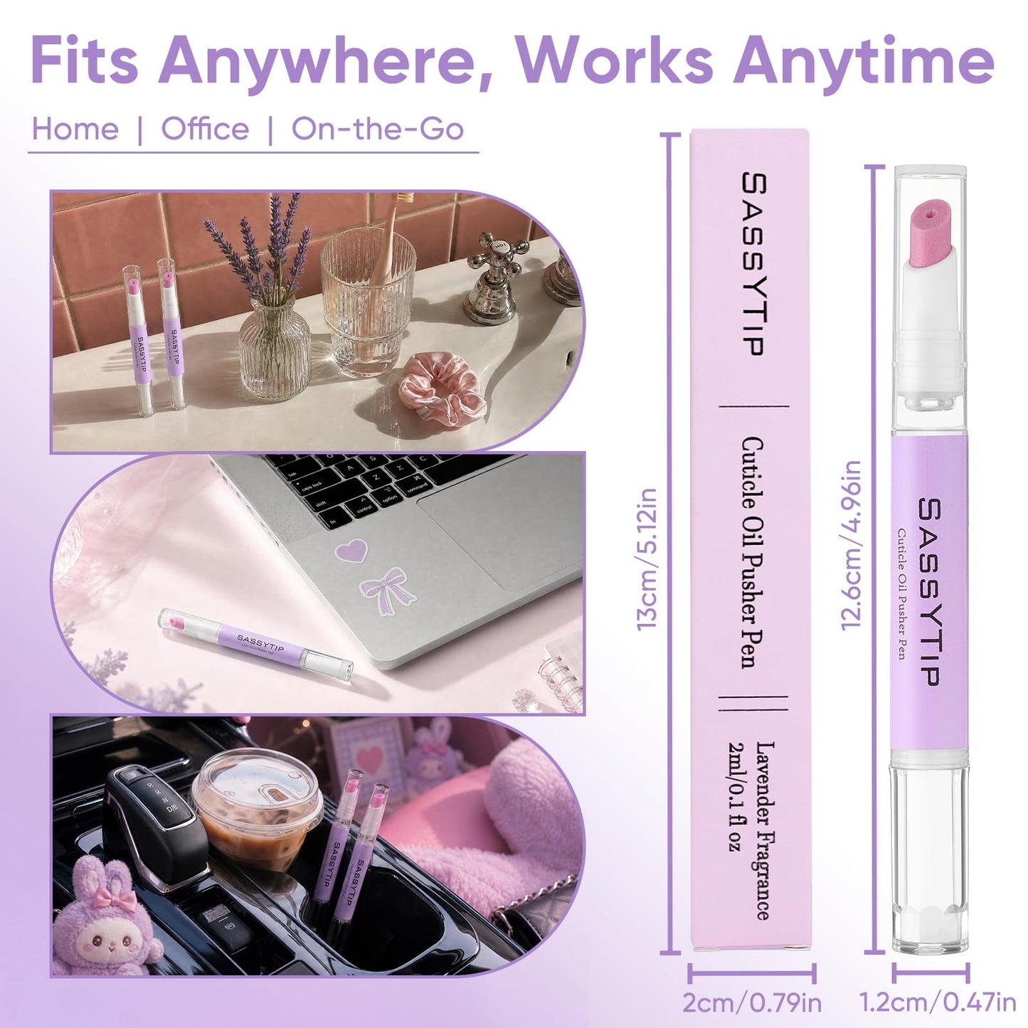 SASSYTIP Cuticle Oil Pusher Pen 2-in-1 Clean & Moisturize | Removes Dead Skin & Dirt from Nail Edges | Nourishing Jojoba & Almond Oils | At-Home or On-the-Go Manicure for Women & Men (Lavender)
