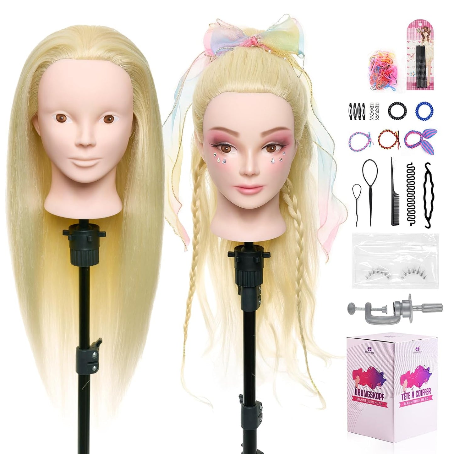 Real Hair Mannequin Head - 18" Human Hair Cosmetology Training Doll for Styling, Dying & Braiding | Black
