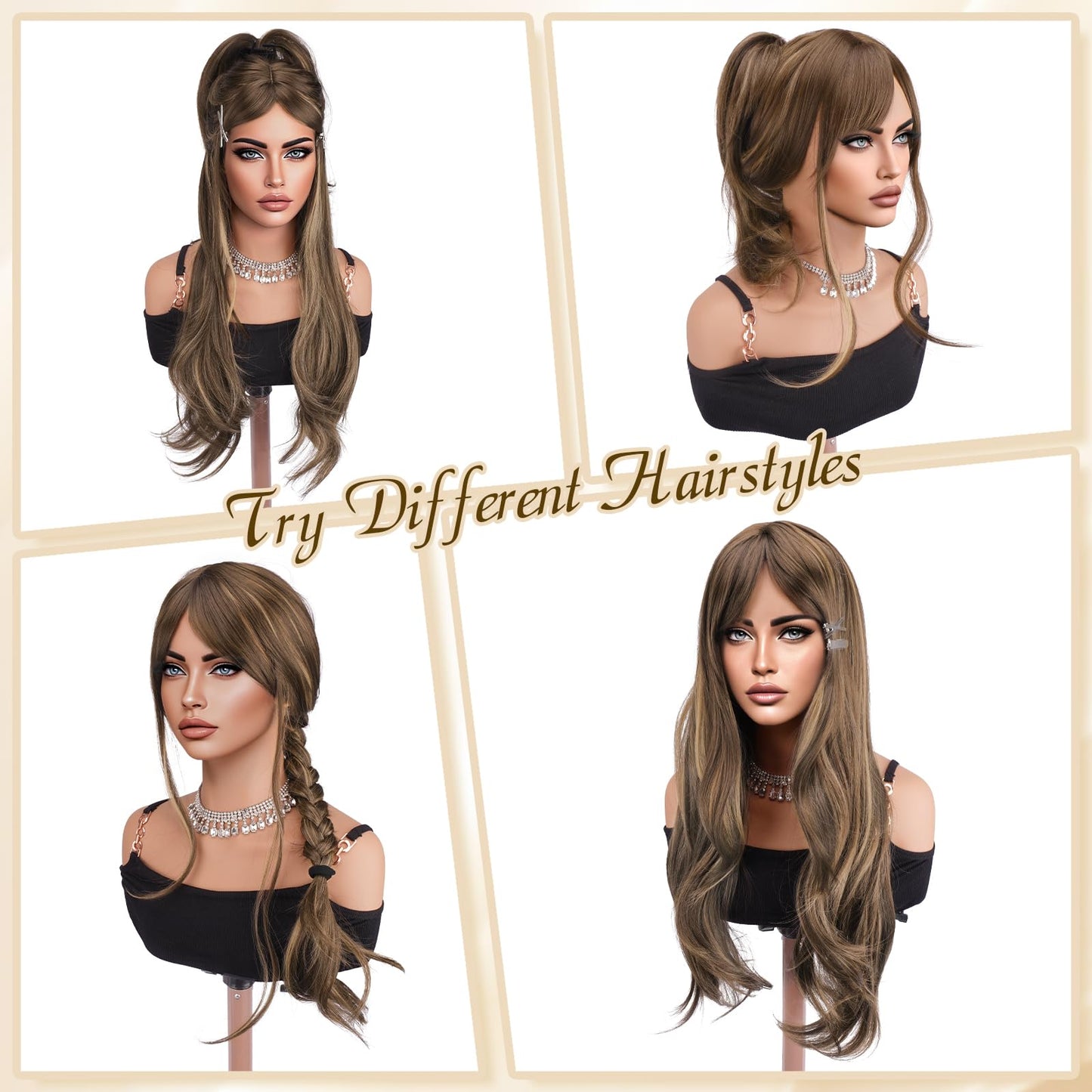 Haloo Blonde Brown Wigs with Bangs - Long Layered Natural Looking Synthetic Heat Resistant Wavy Hair Wigs for Women Daily Party, 26 Inch Blonde Mixed Brown