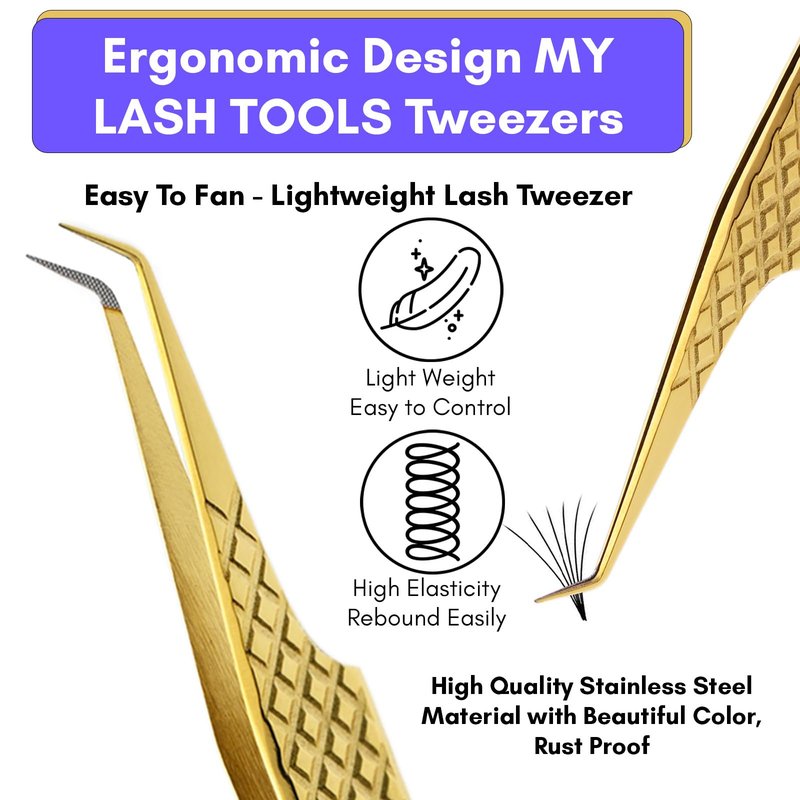 Fiber Tip Lash Tweezer 45 Degree Tip – Non Slip Diamond Grip, Precision Stainless Steel Eyelash Extension Tool, Professional Volume & Classic Lash Applicator for Salon and Home Use (Gold)