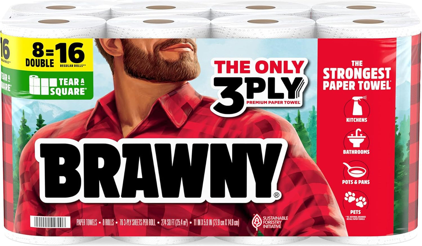 Brawny Paper Towels - 3-Ply Tear-A-Square, Strong & Absorbent | 12 XL Family Rolls (30 Regular Rolls)
