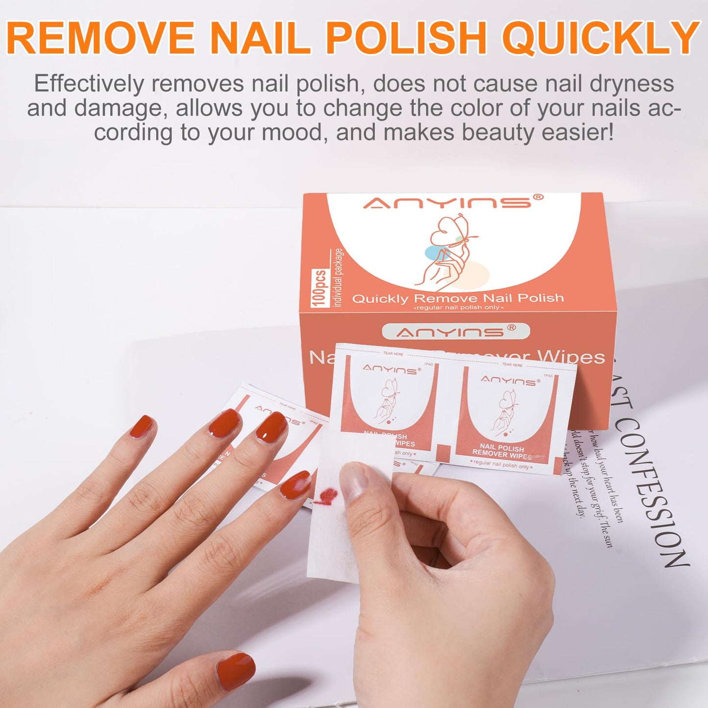 ANYINS Nail Polish Remover Pads，100PCS Nail Polish Remover Wipes Non-Toxic Fast Remove with Nutrition Oil Individually Wrapped Professional Nail Salon and Home & Travel Use