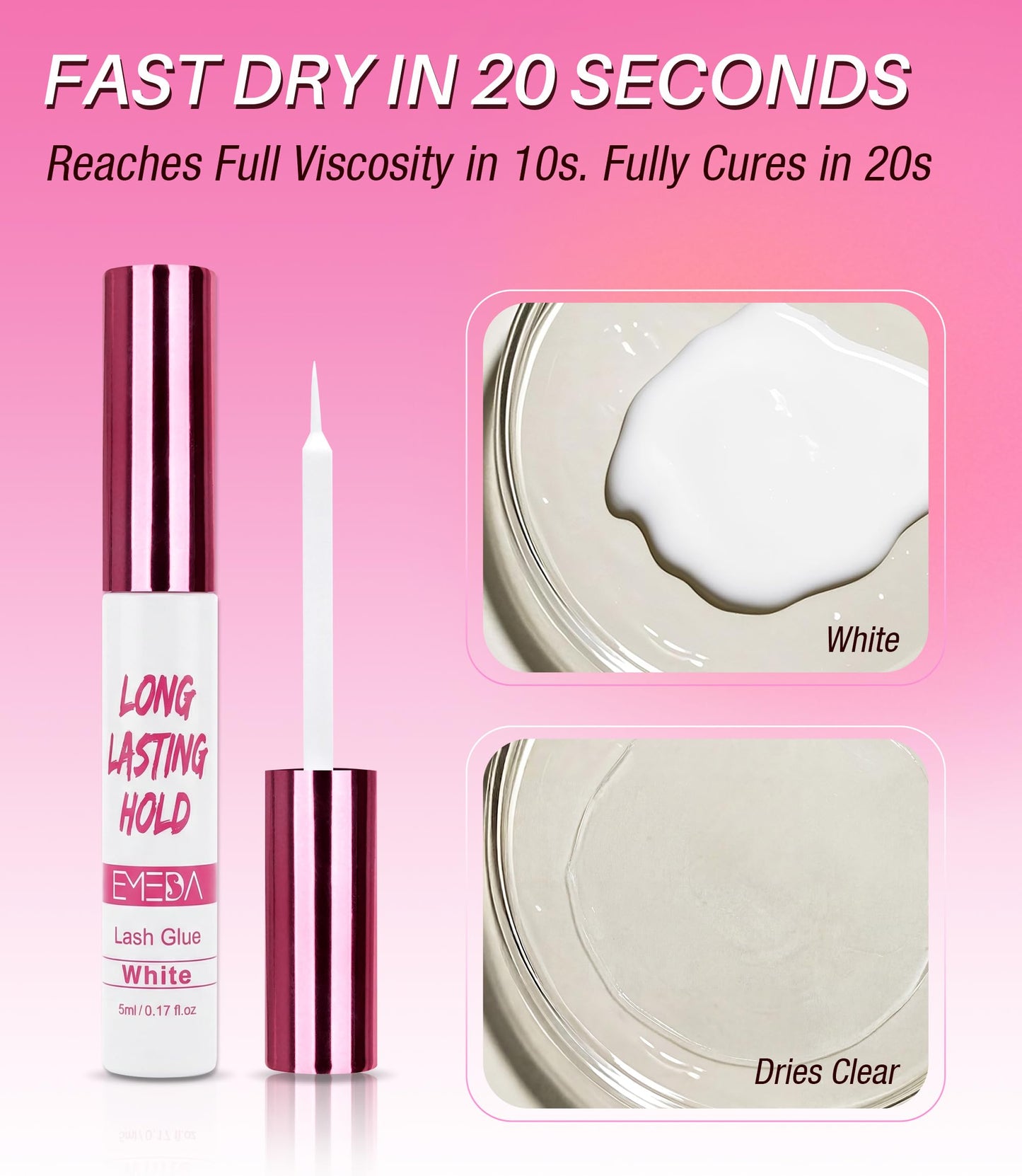 EMEDA 5 Day Strong Hold Lash Glue, Hypoallergenic Waterproof Eyelash Adhesive for Strip Lashes & Lash Clusters, Quick Dry Gentle Formula, Long Lasting Lash Glue with Precision Brush Applicator (White)
