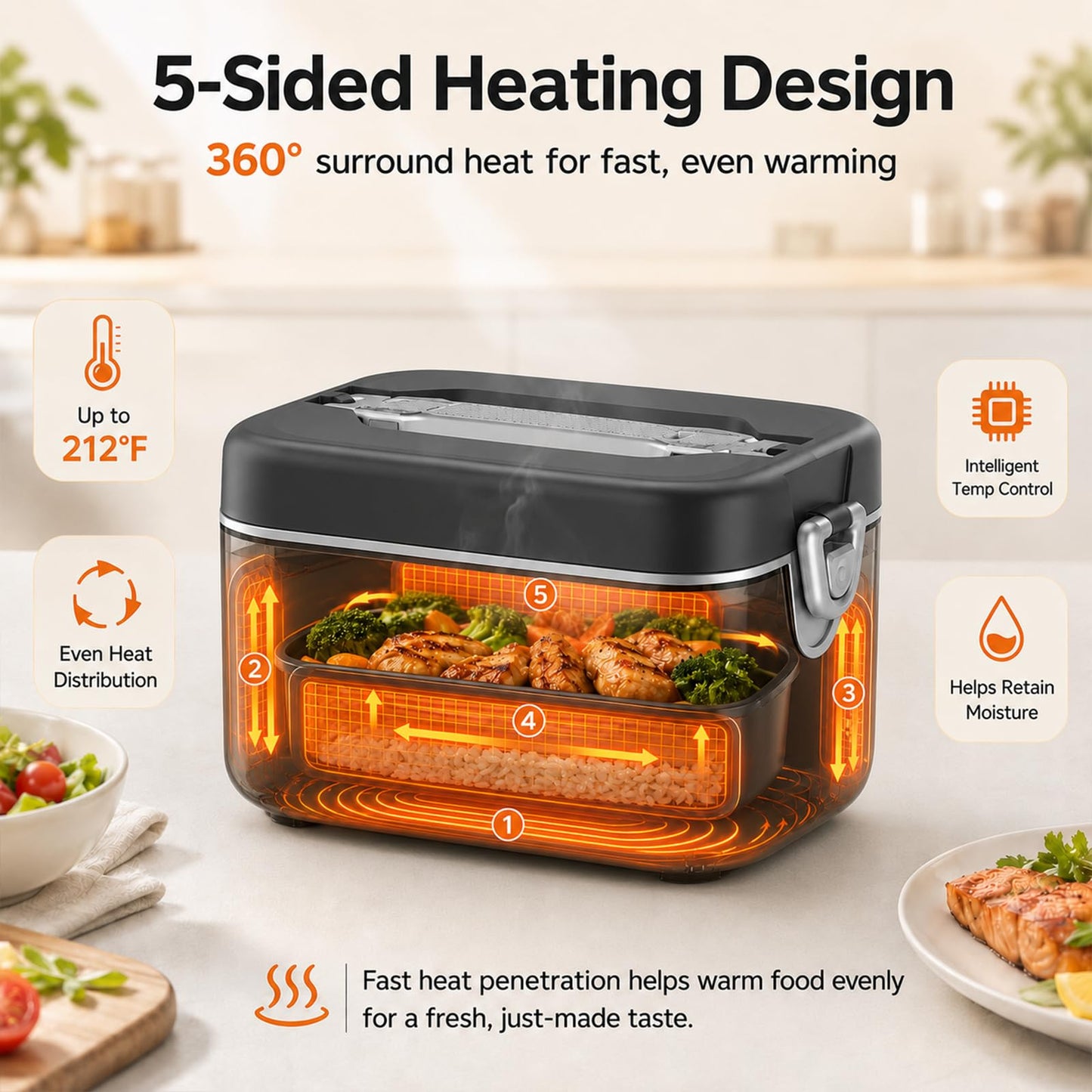 Electric Lunch Box for Men, 1.2L Cordless Heated Lunch Box, 24000mAh Rechargeable Portable Food Warmer with Auto Temperature Control, 5-Sided Heating, Leakproof, for Office, Outdoors & Truck, Black