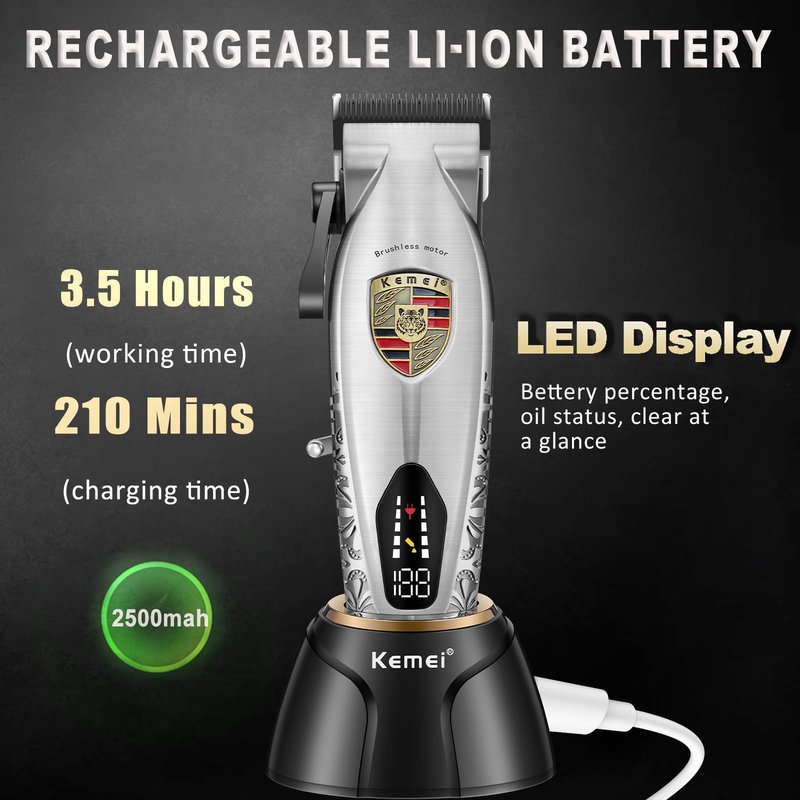 KEMEI Hair Clippers for Men Professional, Barber Clippers for Hair Cutting & Grooming, Cordless Beard Trimmer with Charging Base LED Display KM-2230 Silver
