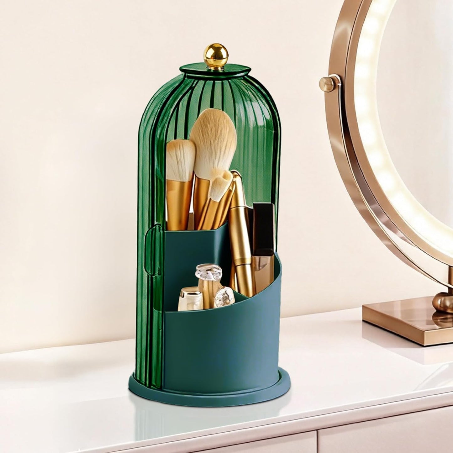 360° Rotating Makeup Brush Holder - Waterproof Three-Compartment Organizer | Dustproof Vanity Storage (Transparent)