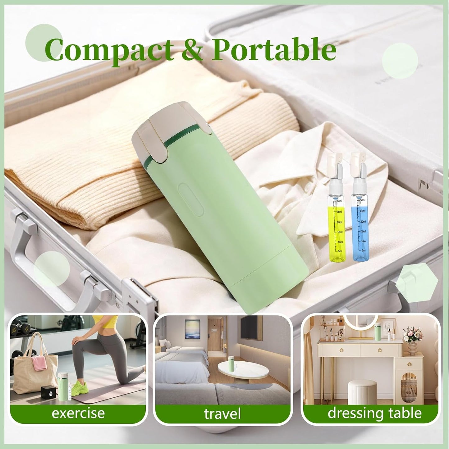Travel Dispenser Set - 4 in 1 Leak Proof Refillable Bottles for Shampoo, Conditioner, Lotion | Portable Toiletry Containers (Green)