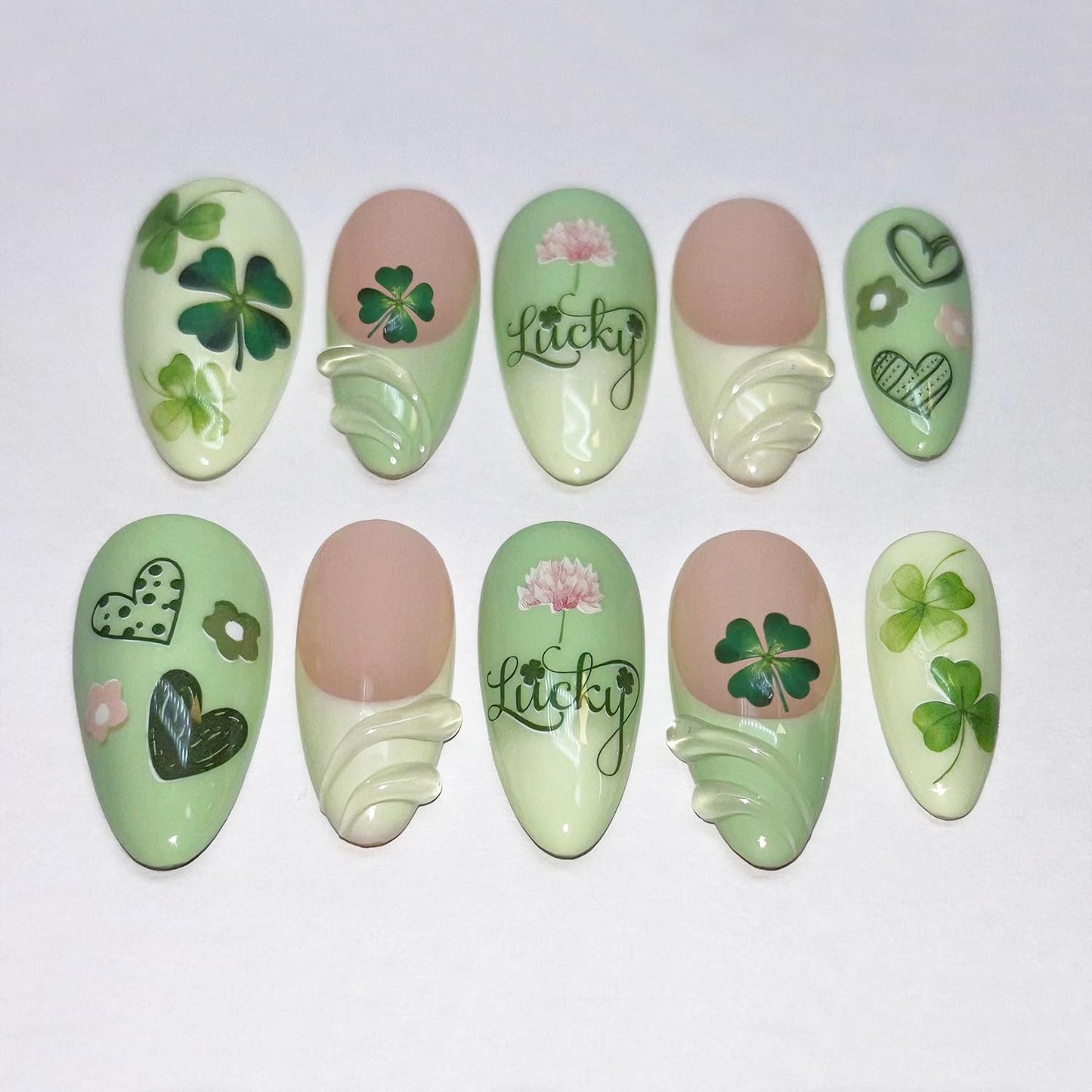 24Pcs St Patricks Day Press on Nails Medium Almond French Tip Fake Nails with 3D Designs Flower Shamrocks Acrylic Nails St Patrick's Day False Nail Irish Clover Full Cover Stick on Nails for Women