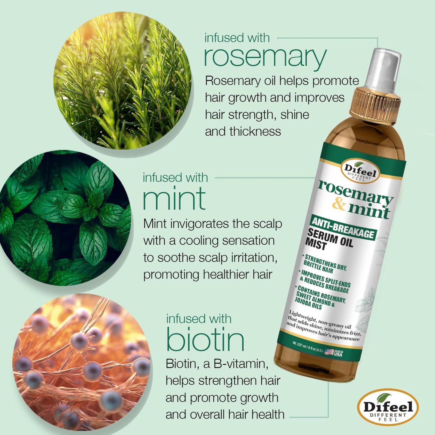 Difeel Rosemary and Mint Anti-Breakage Serum Oil Mist 8 oz. - Hair Strengthening Serum Mist, Reduces Split Ends, Reduces Breakage and Frizz
