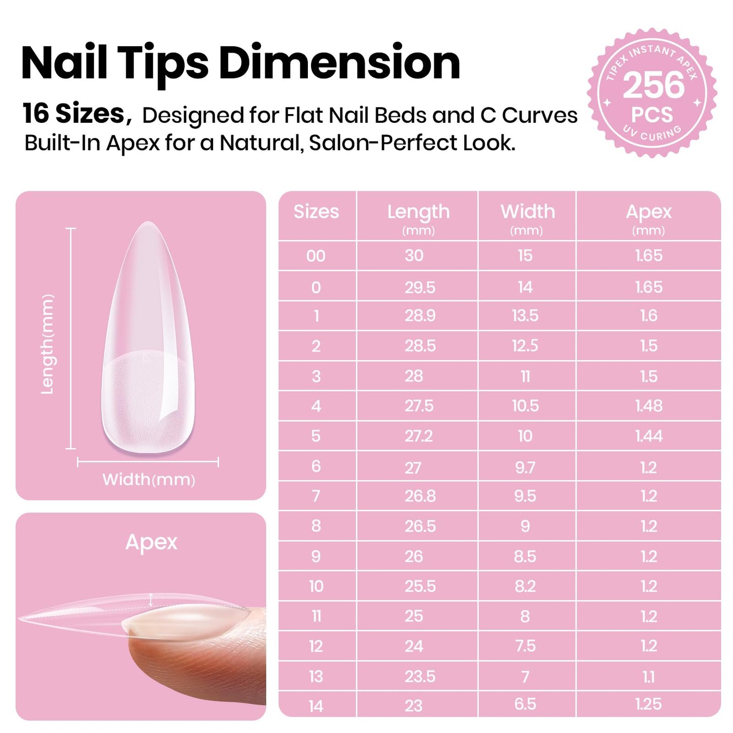 Beetles Tipex Lite Instant Apex Nail Tips, Medium Stiletto, No Builder Gel Needed, 256pcs Value Pack, 16 Sizes 00-14 for DIY Salon-look Extensions