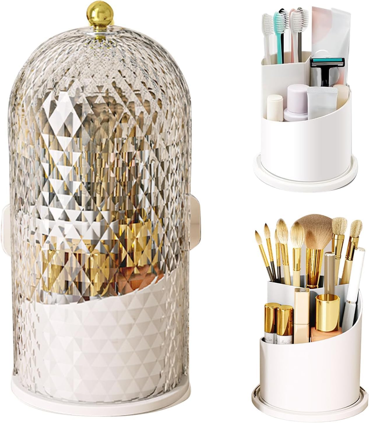 Concealed Toothbrush Holder - 360° Rotating Makeup Brush Organizer | Clear Dustproof Design for Bathroom Countertop (White)