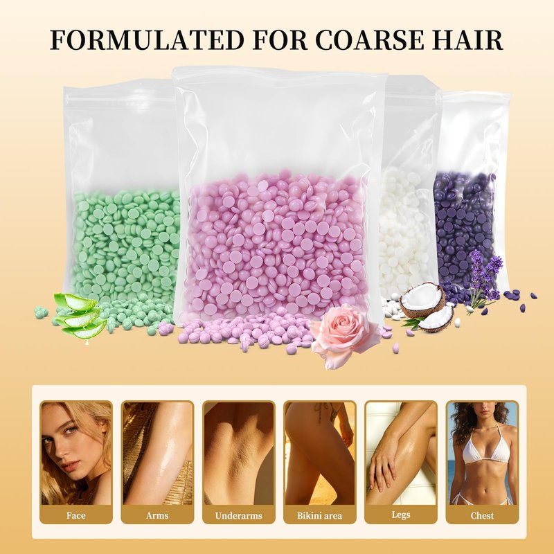Hard Wax Beads for Hair Removal Wax Beans for Sensitive Skin with Aloe Vera Coconut Rose and Lavender Formula For Bikini Brazilian Waxing Face Body Legs Underarms Chest 4X100g