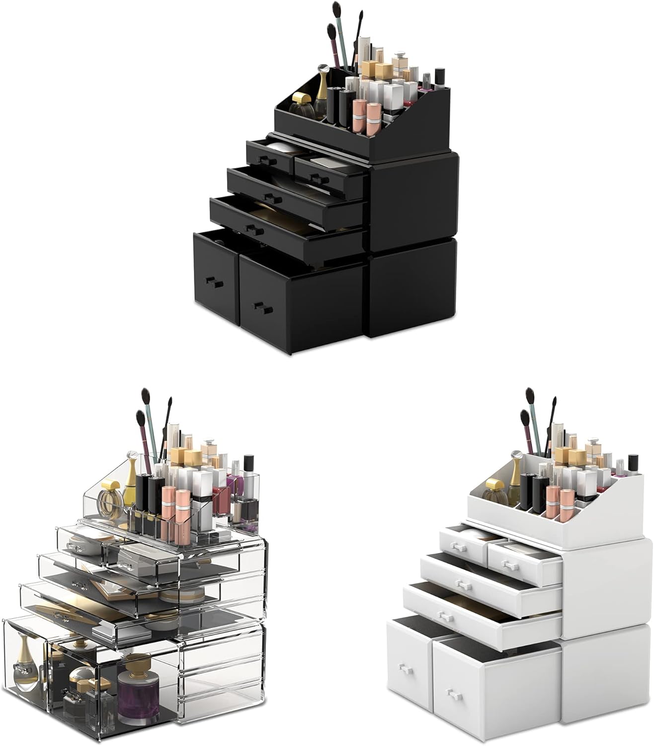 Makeup Organizer - 3-Piece Cosmetic Storage Case with 6 Drawers | Stylish Black Design