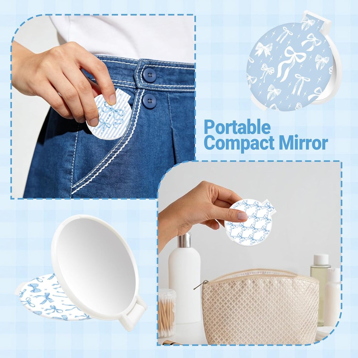 Blue Bow Compact Mirror - 50 Pcs Portable Folding Round Makeup Mirrors | Perfect Gifts for Women