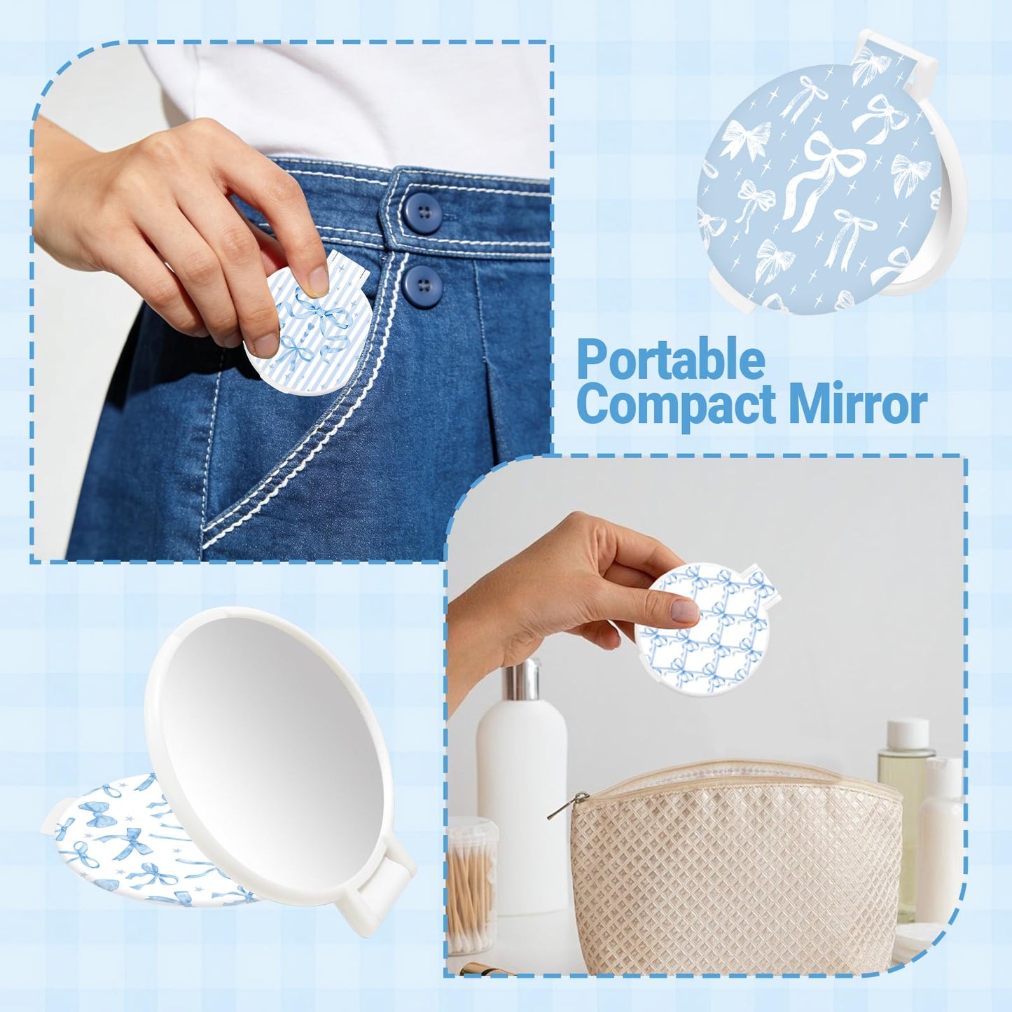 KOPOOEOE 50 Pcs Blue Bow Compact Mirror Bulk Small Pocket Purse Round Mirror Portable Folding Makeup Blue Bow Mirrors Gifts for Women Coworker Employee Teacher