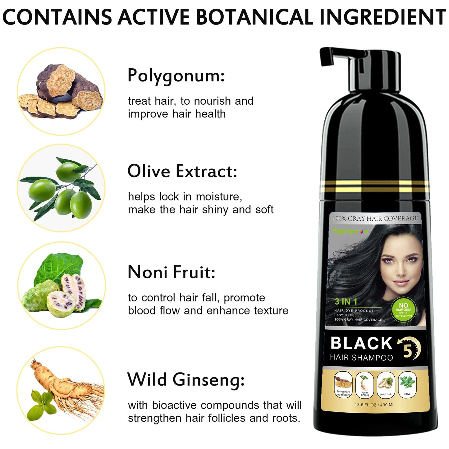 Onilyua Instant Black Hair Shampoo, 3 in 1 Natural Hair Dye Shampoo with Herbs, Cover Greys Hair for Men & Women, Permanent Hair Color - Ammonia Free 400ml (Black)