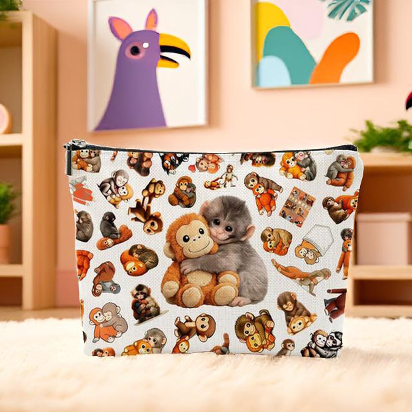 NONETH Punch Monkey Makeup Bag for Women, Funny Cosmetic Bag & Travel Toiletry Pouch, Viral Meme Makeup Pouch for Best Friend, Mom