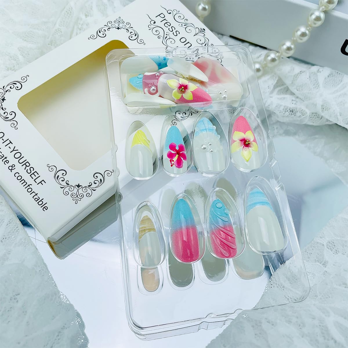NEWSPIED 24Pcs Blue Flower Almond Acrylic Press On False Nails with 3D Pearl Flower Designs Relief Ripple Artificial French Tips Glue on Nails for Women