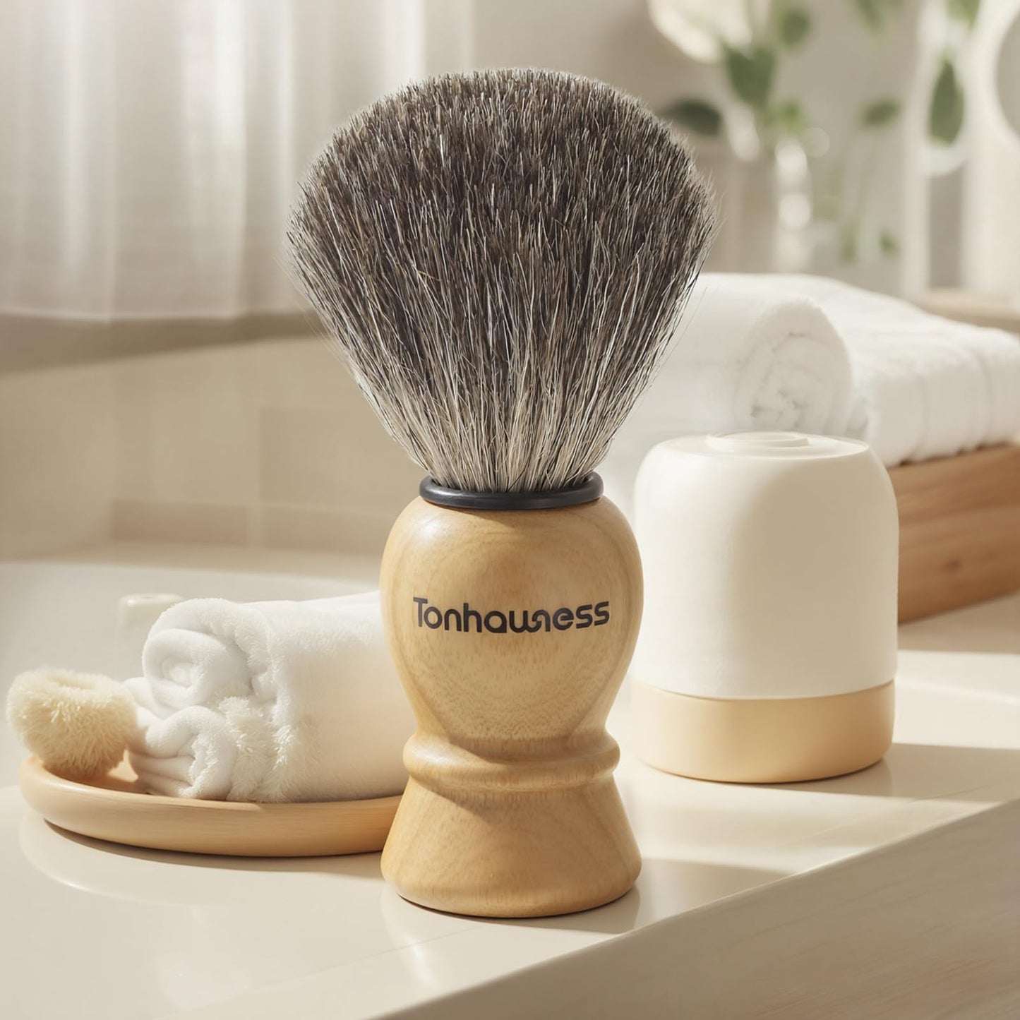Tonhawness Shaving Brush Kit for Men, 4 in 1 Shaving Brush Set Includes Pure Badger Shaving Brush, Shaving Soap and Stainless Steel Shaving Bowl & Stand for Men’s Barber Shave Gift